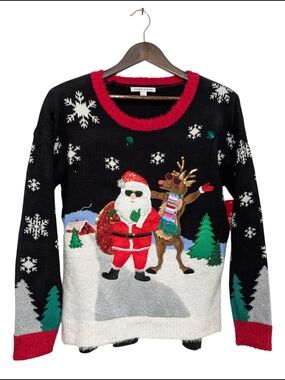 Women's LG Black Christmas Crewneck Sweater Red White Green Santa Reindeer Kohls